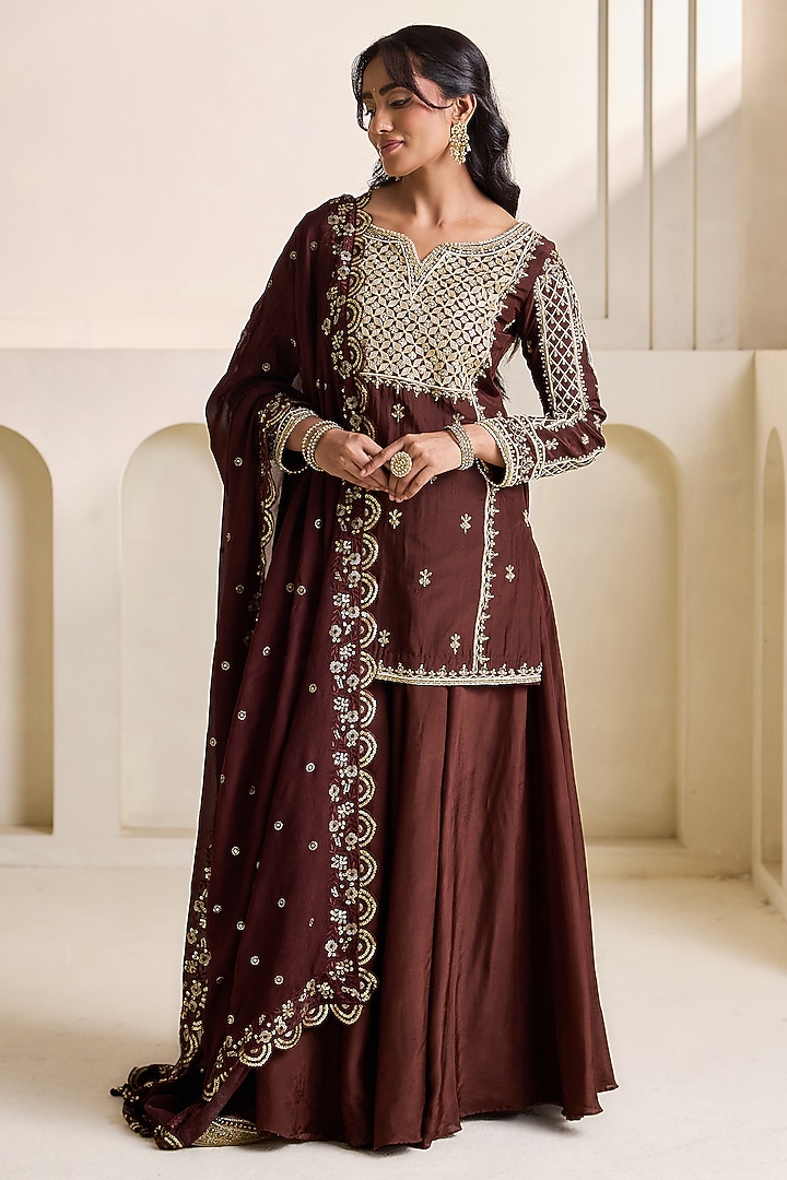 Brown Upada Silk Wedding Sharara Set by Deepika Chadha at Pernia's Pop Up Shop