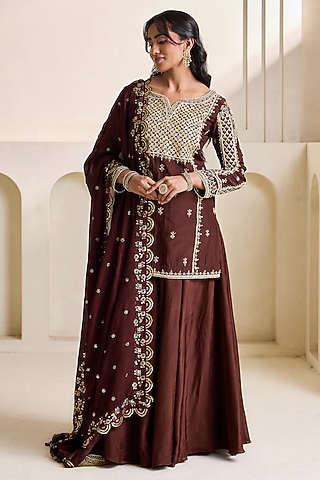 Brown Upada Silk Sharara Set by Deepika Chadha