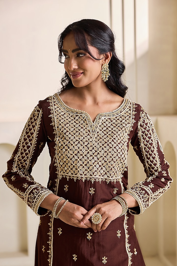 Brown Upada Silk Wedding Sharara Set by Deepika Chadha at Pernia's Pop Up Shop