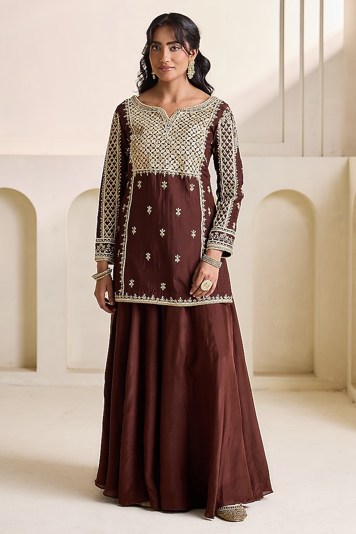 Brown Upada Silk Wedding Sharara Set by Deepika Chadha at Pernia's Pop Up Shop