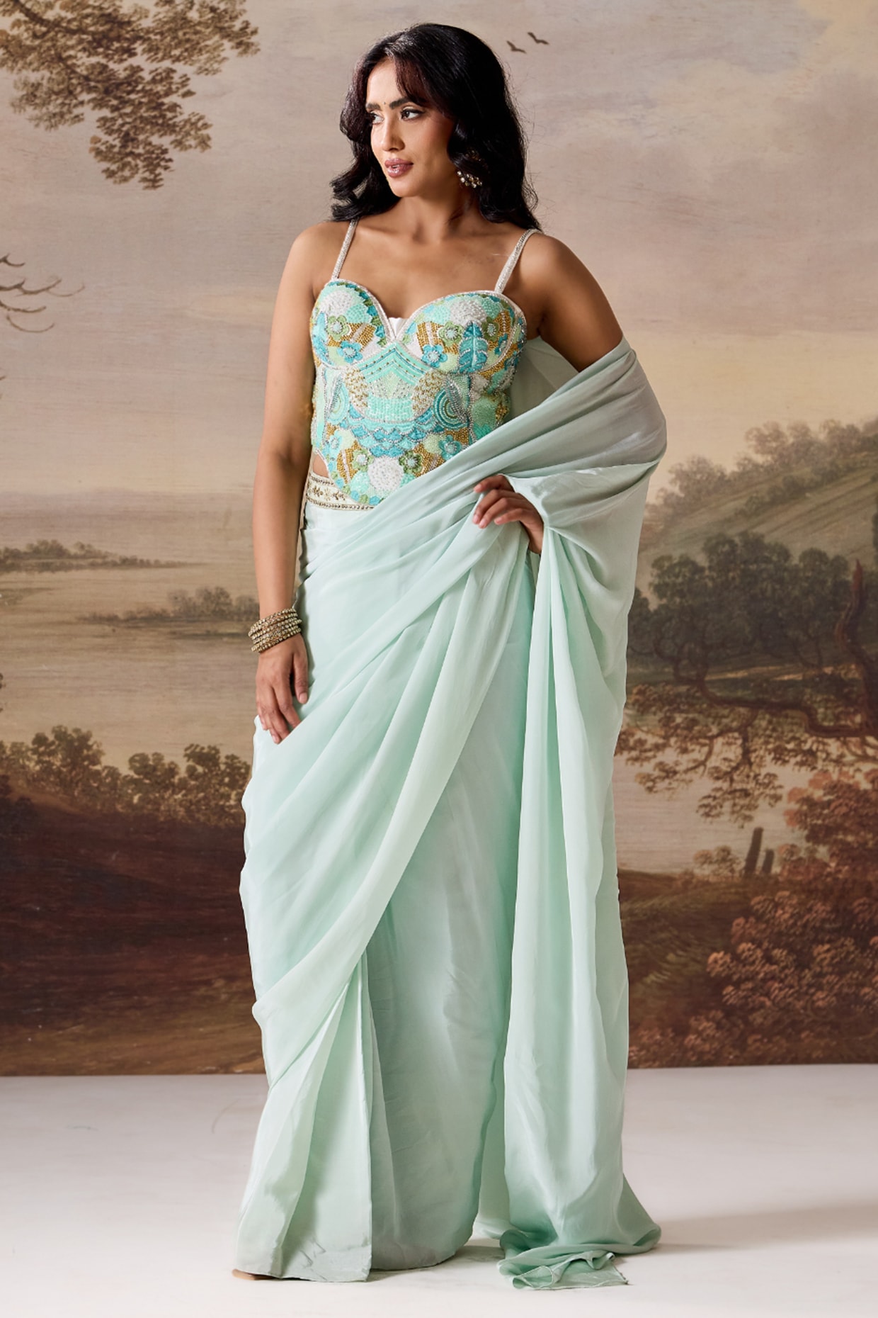 Deepika Chadha Mint Green Crepe Stitched Saree Set