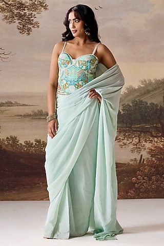 Mint Green Crepe Stitched Saree Set by Deepika Chadha
