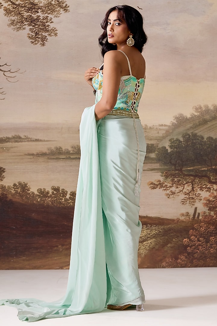 Mint Green Crepe Stitched Wedding Saree Set by Deepika Chadha at Pernia's Pop Up Shop