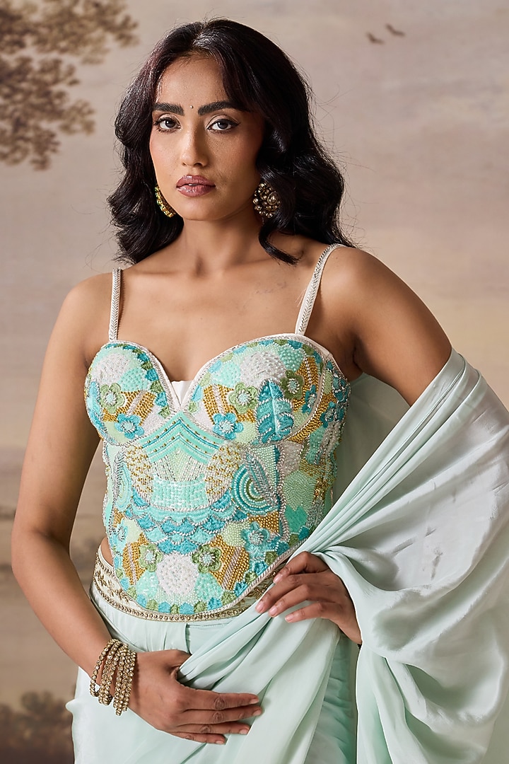 Mint Green Crepe Stitched Wedding Saree Set by Deepika Chadha at Pernia's Pop Up Shop