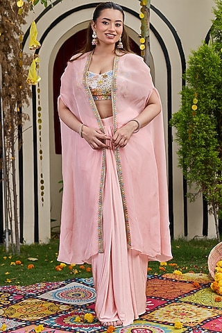 Blush Pink Lycra Draped Skirt Set by Deepika Chadha