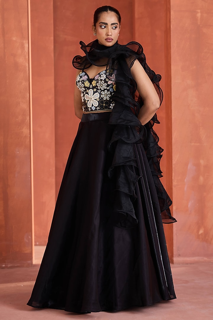 Black Glass Organza Wedding Lehenga Set by Deepika Chadha at Pernia's Pop Up Shop