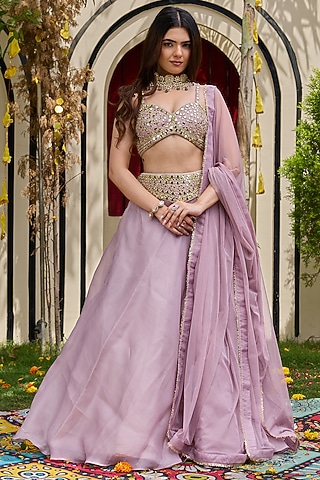 Mauve Organza Lehenga Set by Deepika Chadha