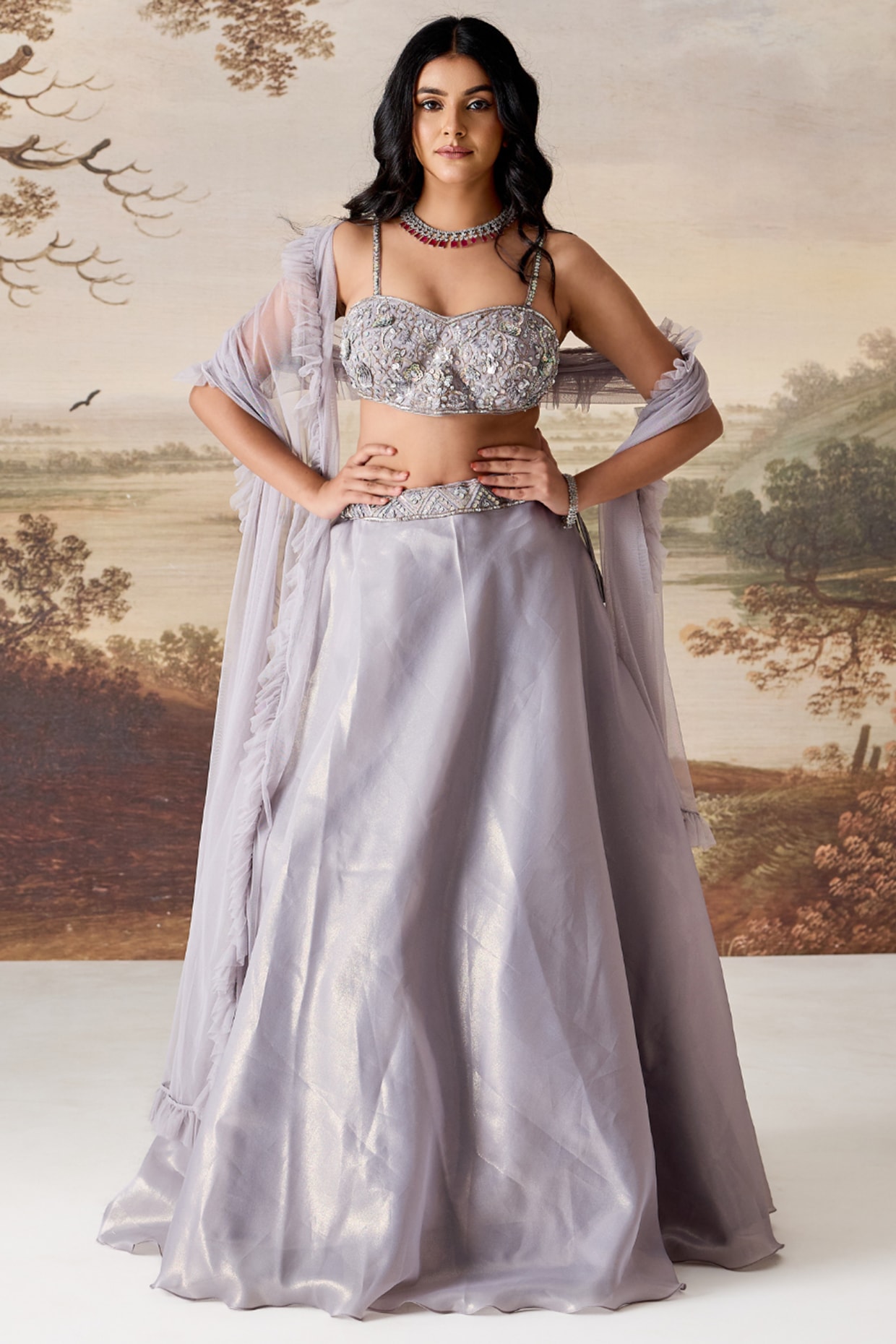 Deepika Chadha Silver Grey Organza Lehenga Set