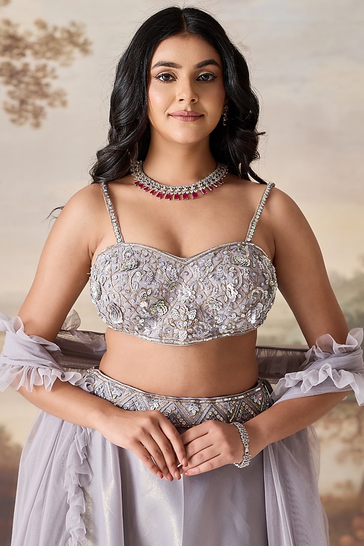Silver Grey Organza Wedding Lehenga Set by Deepika Chadha at Pernia's Pop Up Shop