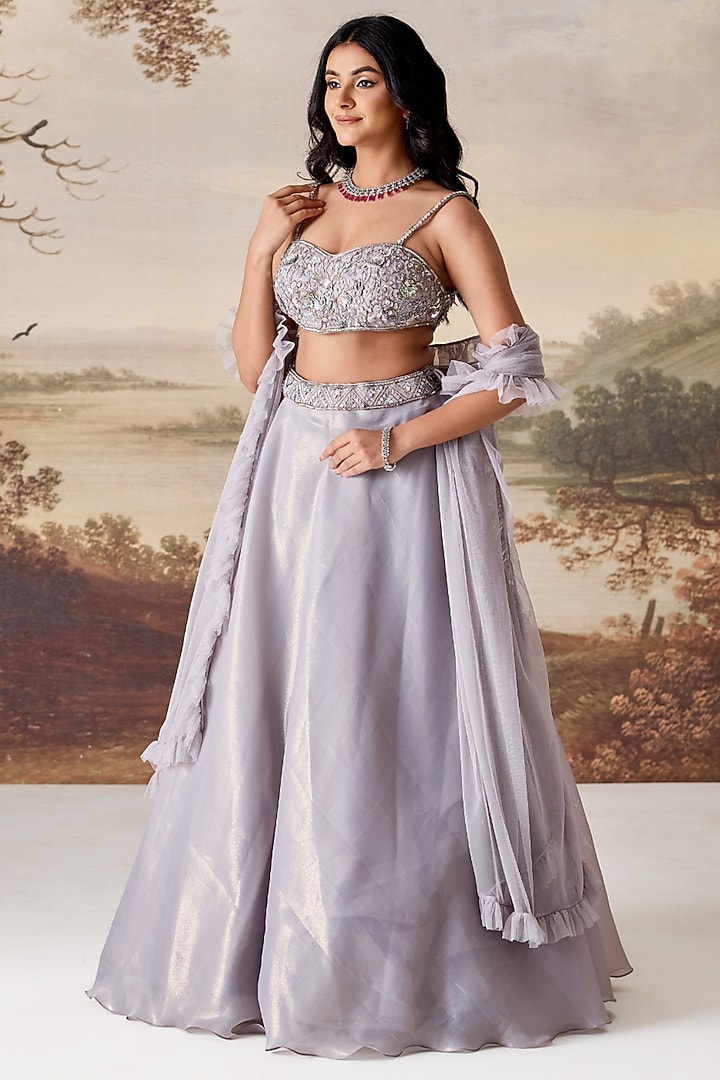 Silver Grey Organza Wedding Lehenga Set by Deepika Chadha at Pernia's Pop Up Shop