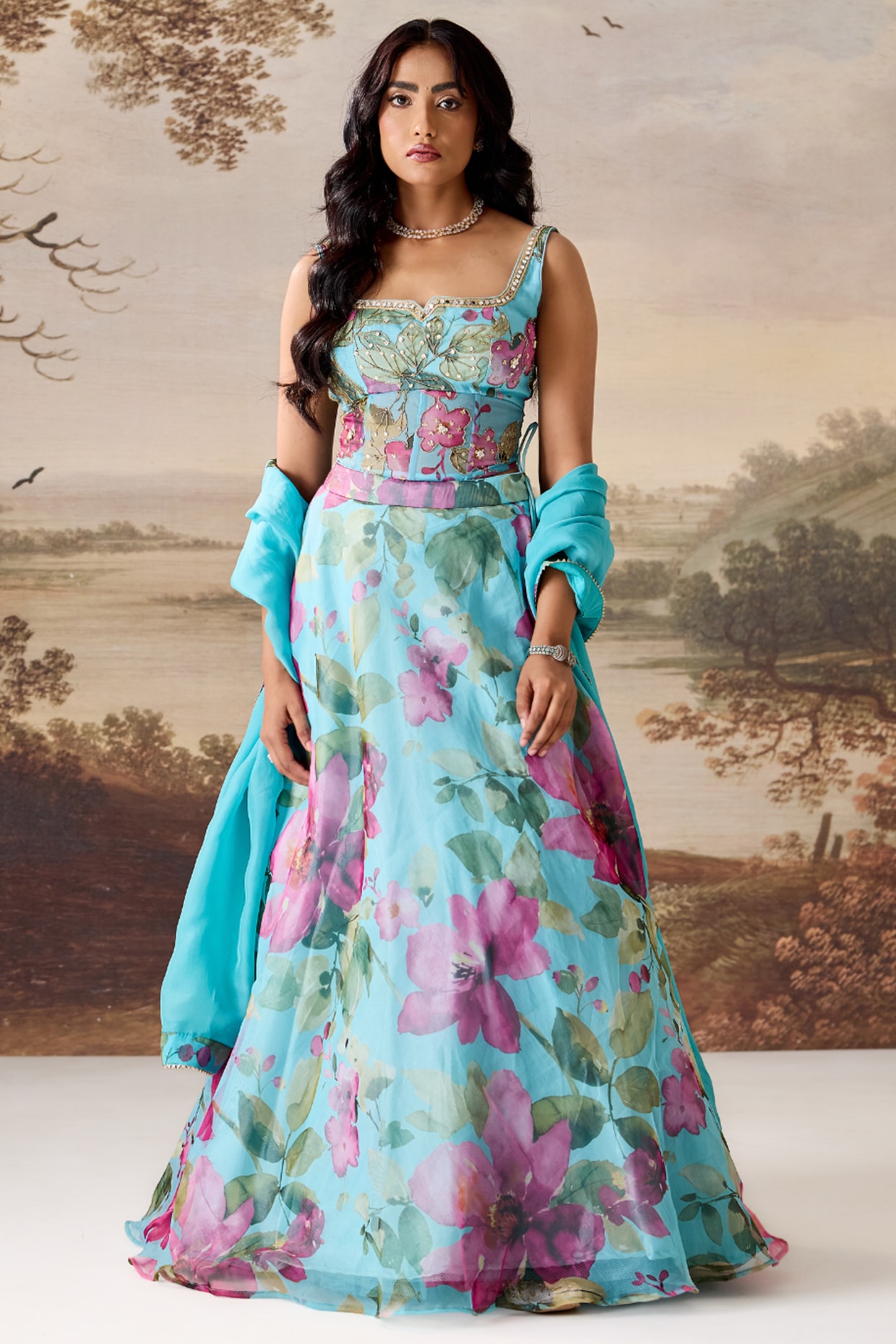 Deepika Chadha Sea Green Organza Printed Lehenga Set