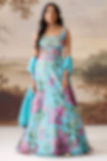 Sea Green Organza Printed Wedding Lehenga Set by Deepika Chadha at Pernia's Pop Up Shop