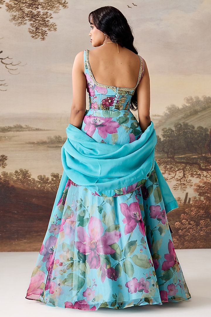 Sea Green Organza Printed Wedding Lehenga Set by Deepika Chadha at Pernia's Pop Up Shop