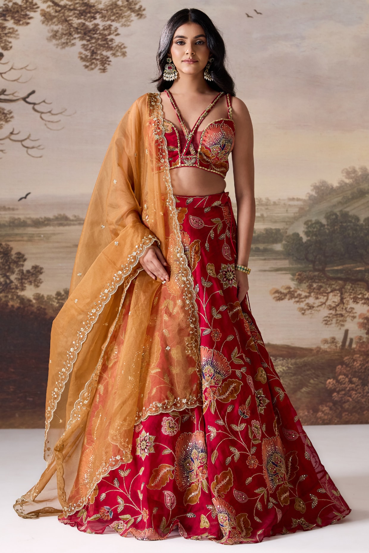 Deepika Chadha Deep Red Organza Printed Lehenga Set