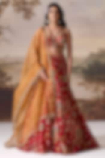 Deep Red Organza Printed Wedding Lehenga Set by Deepika Chadha at Pernia's Pop Up Shop