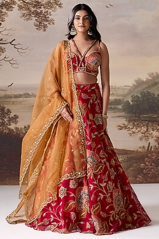 Deep Red Organza Printed Lehenga Set by Deepika Chadha