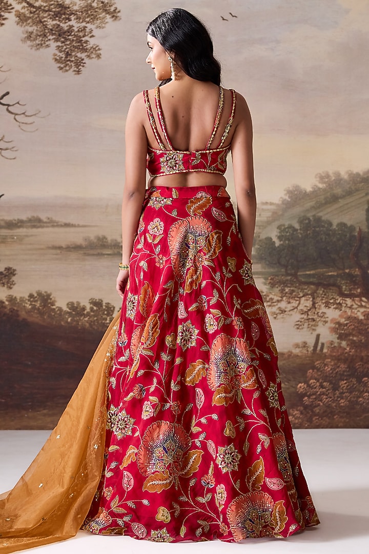 Deep Red Organza Printed Wedding Lehenga Set by Deepika Chadha at Pernia's Pop Up Shop