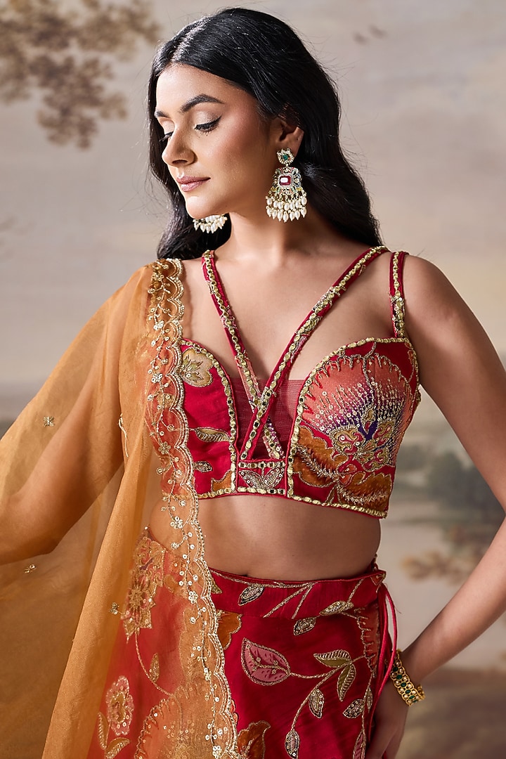 Deep Red Organza Printed Wedding Lehenga Set by Deepika Chadha at Pernia's Pop Up Shop