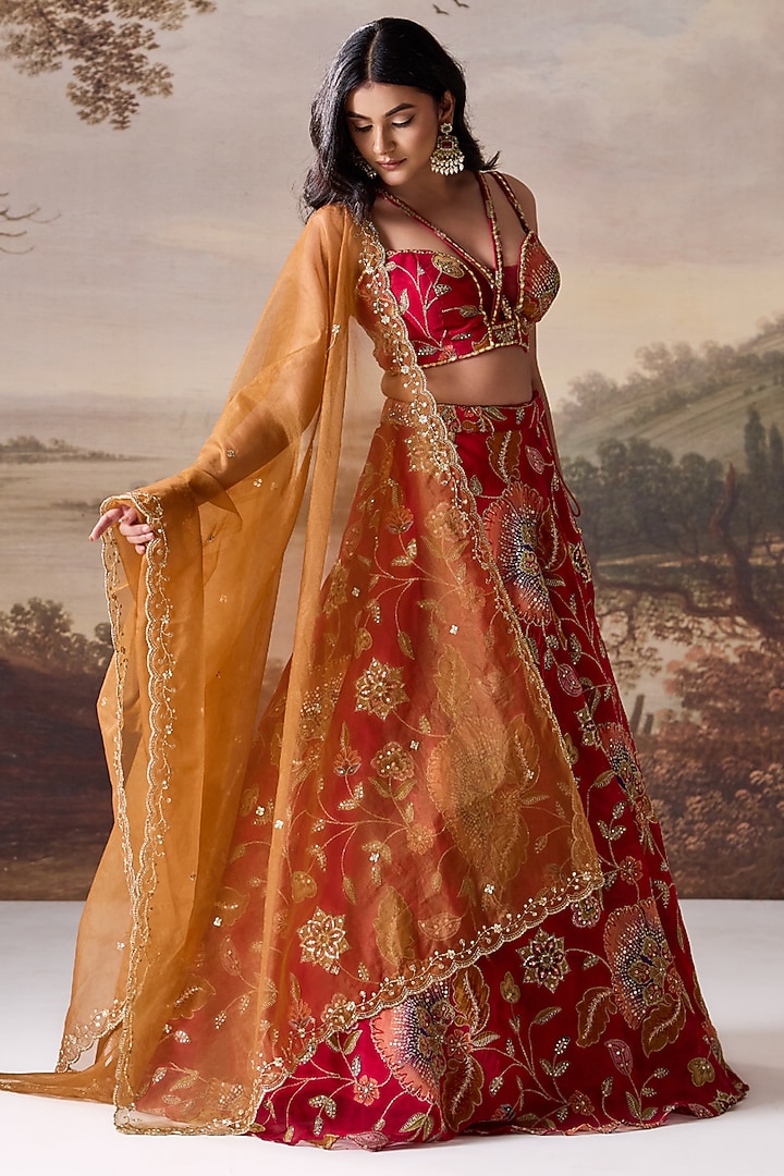 Deep Red Organza Printed Wedding Lehenga Set by Deepika Chadha at Pernia's Pop Up Shop