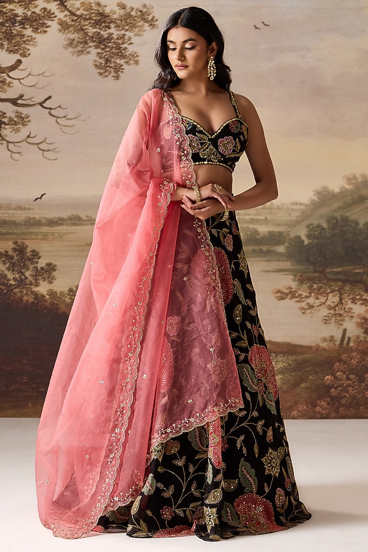 Black Organza Embroidered Wedding Lehenga Set by Deepika Chadha at Pernia's Pop Up Shop