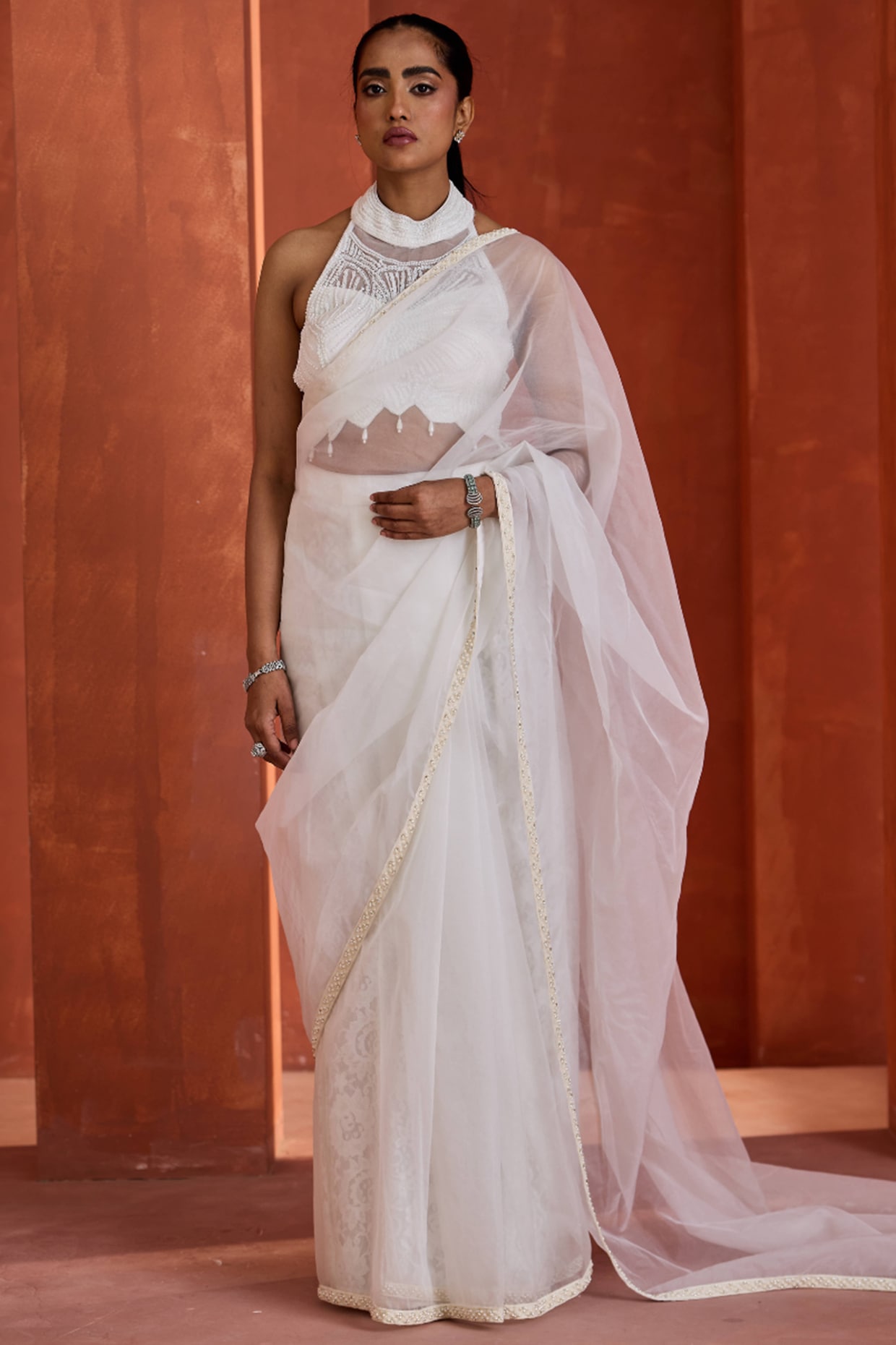 Deepika Chadha Ivory Organza Stitched Saree Set