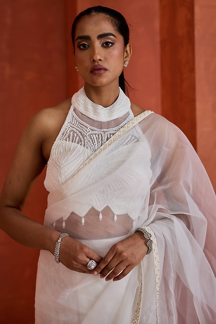 Ivory Organza Stitched Wedding Saree Set by Deepika Chadha at Pernia's Pop Up Shop
