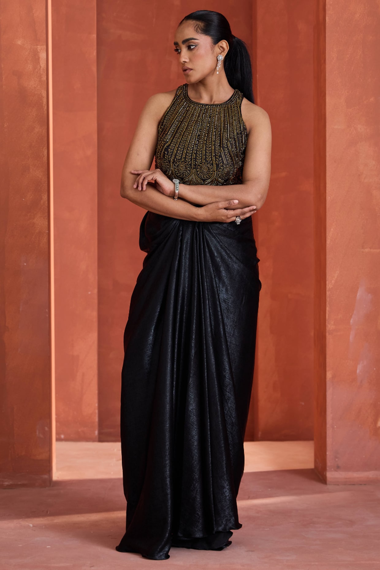 Deepika Chadha Black-Gold Satin Draped Saree Set