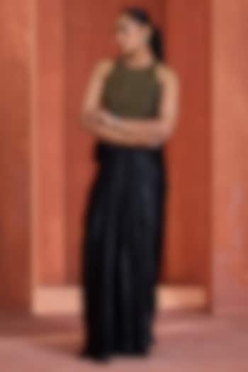 Black-Gold Satin Draped Wedding Saree Set by Deepika Chadha at Pernia's Pop Up Shop