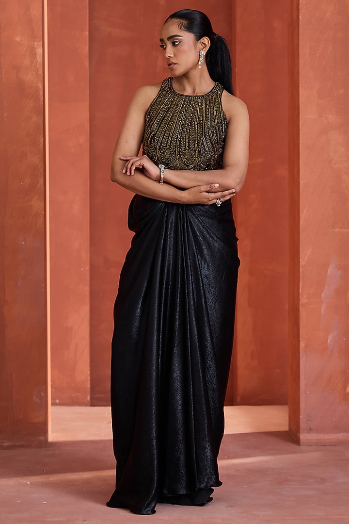 Black-Gold Satin Draped Wedding Saree Set by Deepika Chadha at Pernia's Pop Up Shop