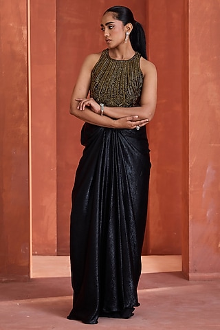 Black-Gold Satin Draped Saree Set by Deepika Chadha