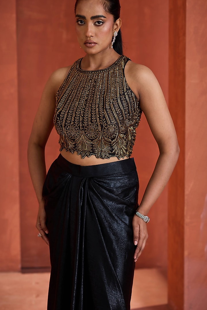 Black-Gold Satin Draped Wedding Saree Set by Deepika Chadha at Pernia's Pop Up Shop