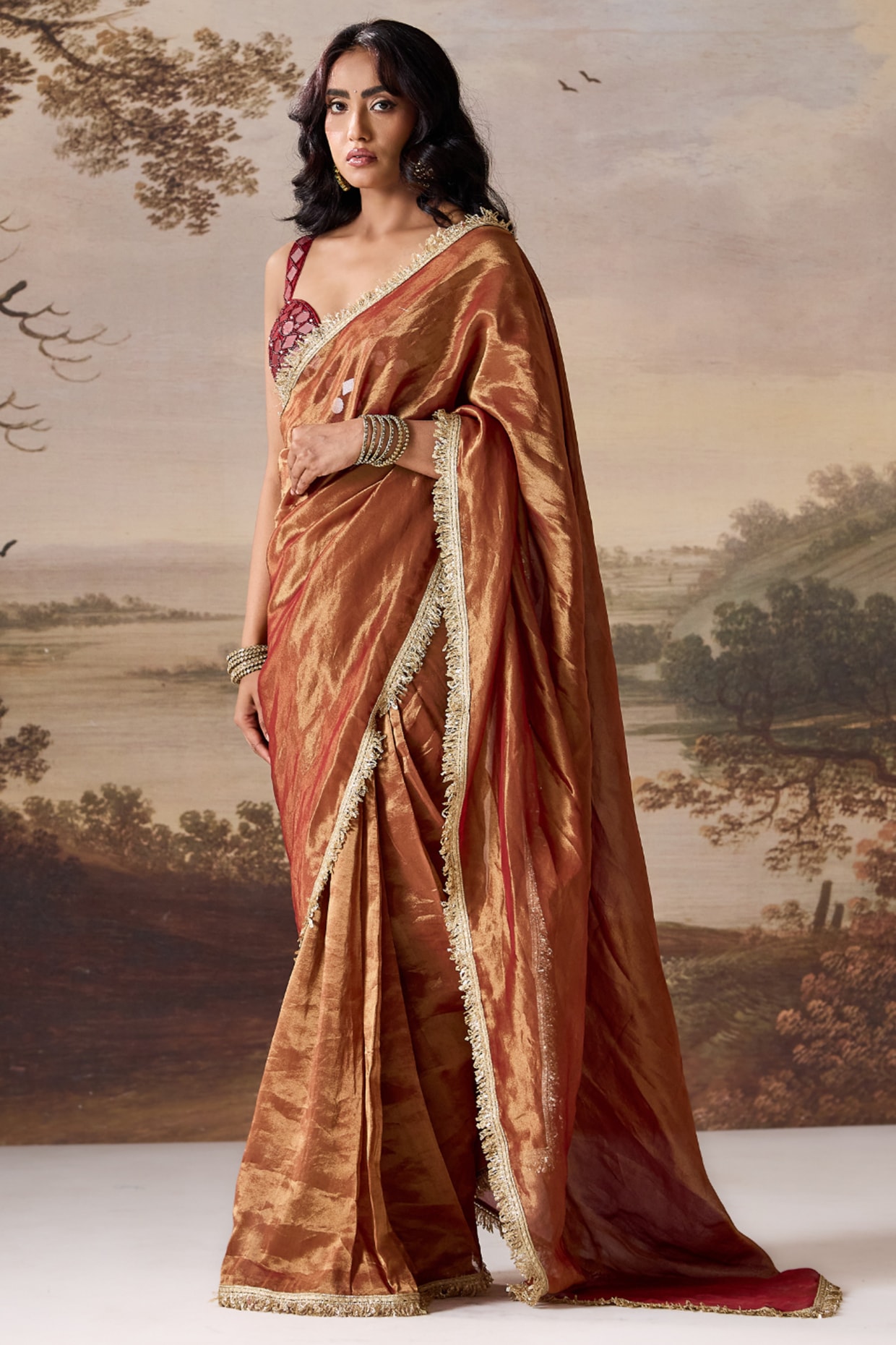 Deepika Chadha Maroon Tissue Mirror Embroidered Stitched Saree Set