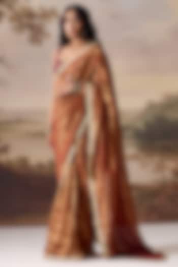 Maroon Tissue Mirror Embroidered Stitched Wedding Saree Set by Deepika Chadha at Pernia's Pop Up Shop
