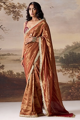 Maroon Tissue Mirror Embroidered Stitched Saree Set by Deepika Chadha