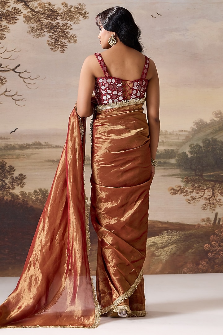 Maroon Tissue Mirror Embroidered Stitched Wedding Saree Set by Deepika Chadha at Pernia's Pop Up Shop