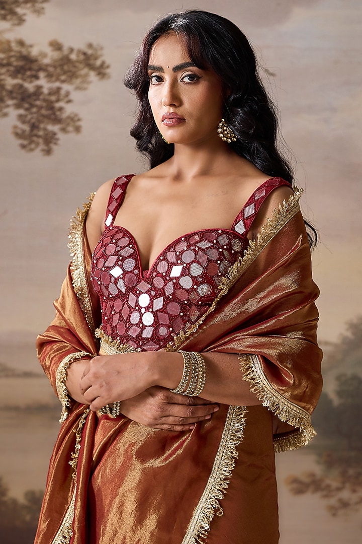 Maroon Tissue Mirror Embroidered Stitched Wedding Saree Set by Deepika Chadha at Pernia's Pop Up Shop