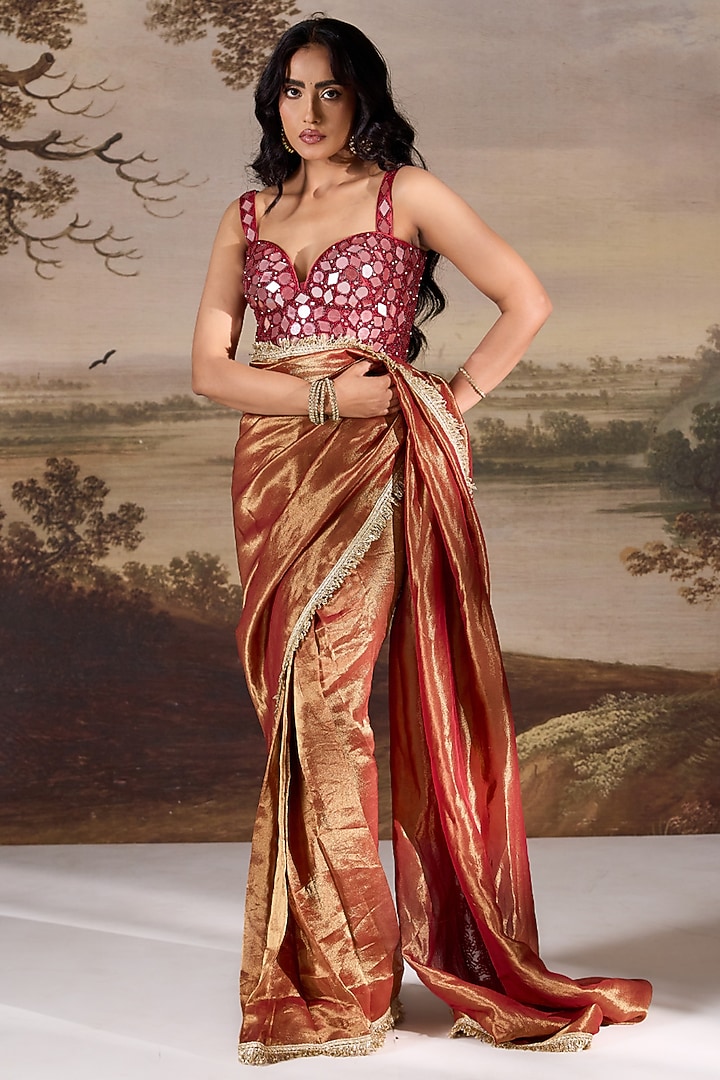 Maroon Tissue Mirror Embroidered Stitched Wedding Saree Set by Deepika Chadha at Pernia's Pop Up Shop