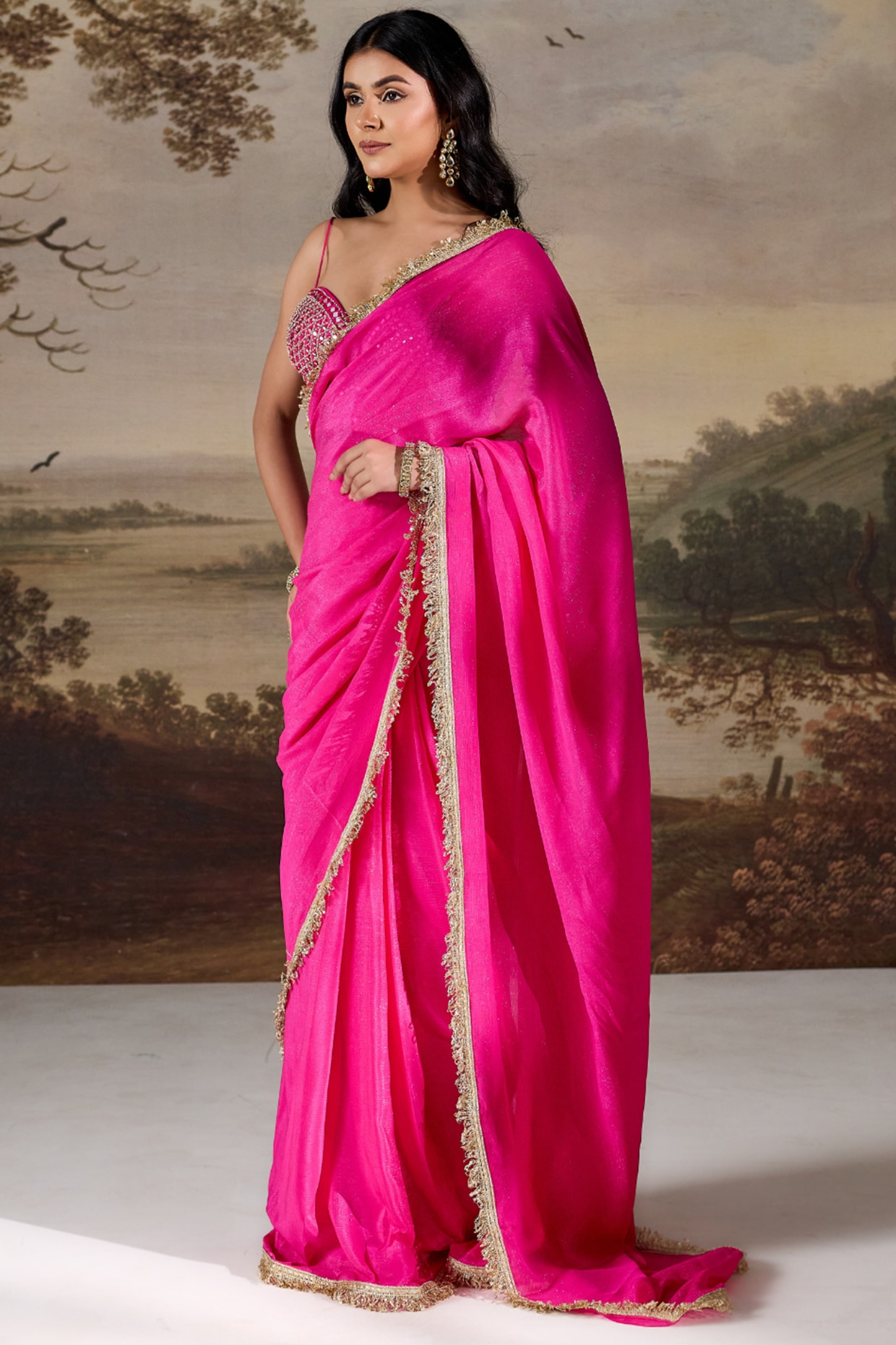 Deepika Chadha Fuchsia Tissue Cutdana Embroidered Stitched Saree Set