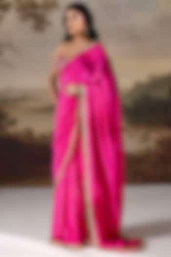 Fuchsia Tissue Cutdana Embroidered Stitched Wedding Saree Set by Deepika Chadha at Pernia's Pop Up Shop