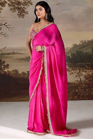 Fuchsia Tissue Cutdana Embroidered Stitched Saree Set by Deepika Chadha
