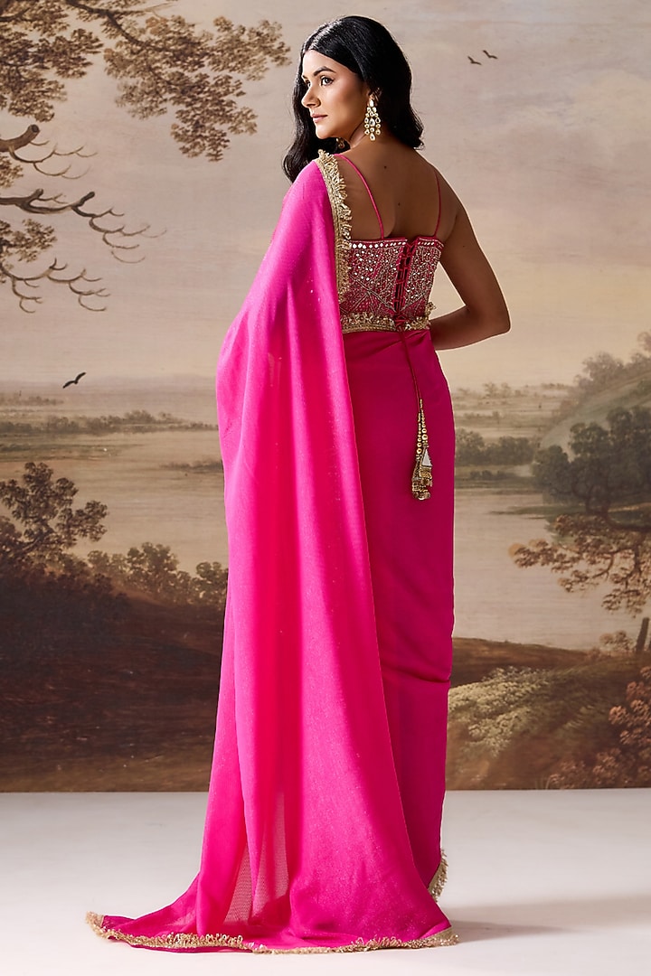 Fuchsia Tissue Cutdana Embroidered Stitched Wedding Saree Set by Deepika Chadha at Pernia's Pop Up Shop