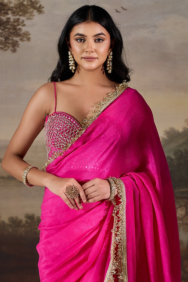 Fuchsia Tissue Cutdana Embroidered Stitched Wedding Saree Set by Deepika Chadha at Pernia's Pop Up Shop