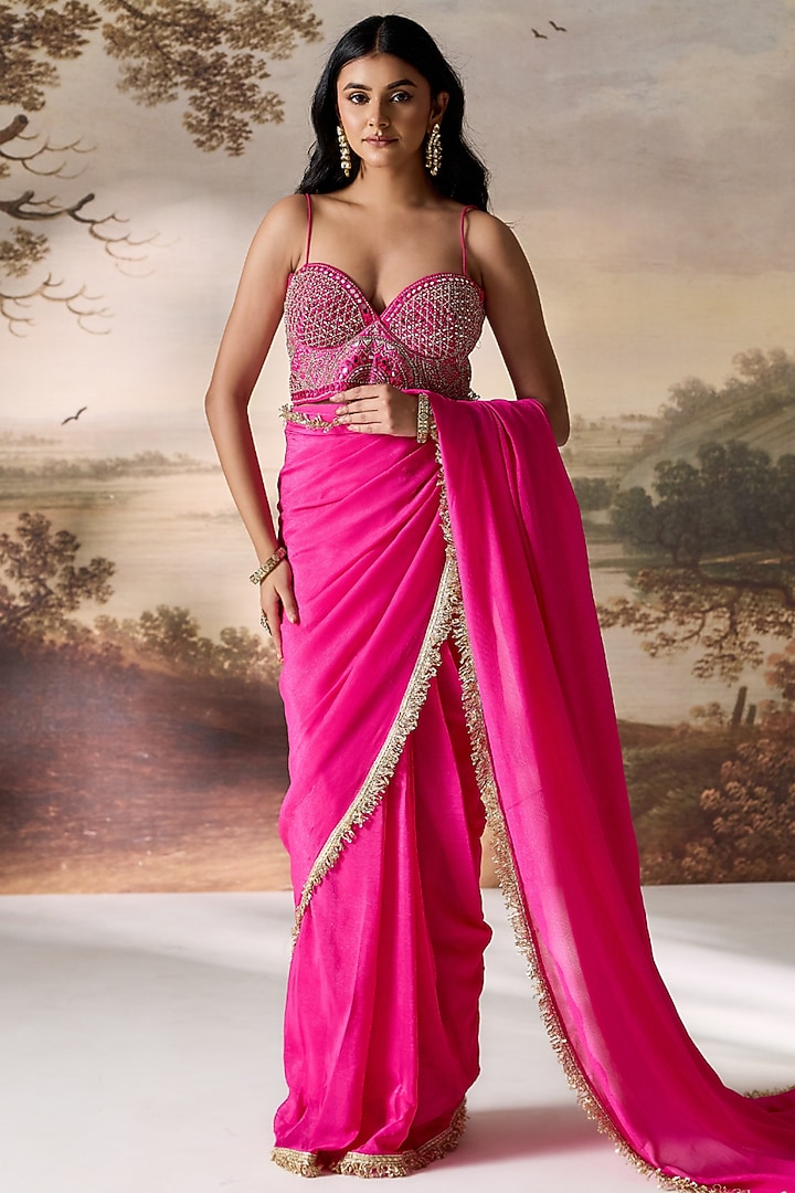 Fuchsia Tissue Cutdana Embroidered Stitched Wedding Saree Set by Deepika Chadha at Pernia's Pop Up Shop