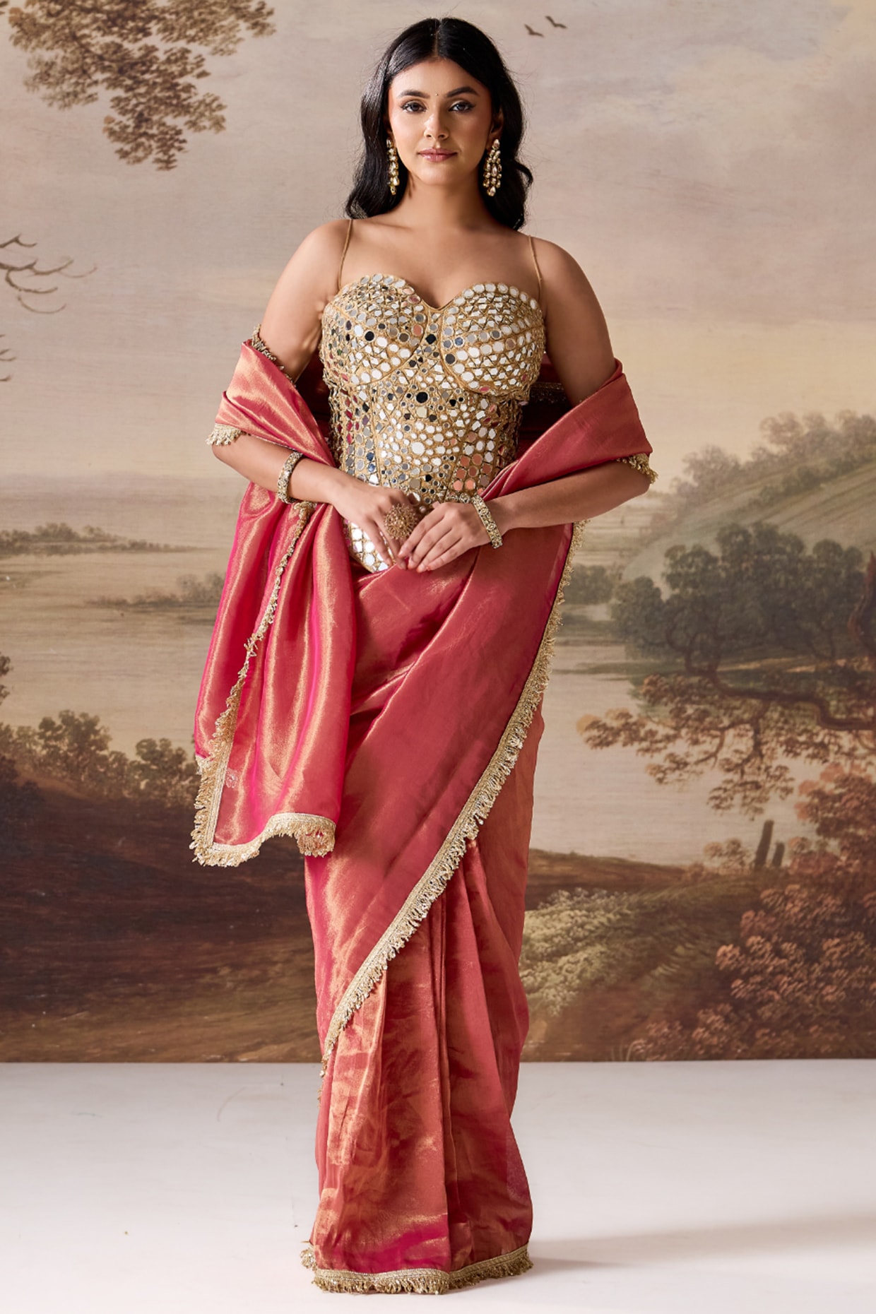 Deepika Chadha Fuchsia Tissue Mirror Embroidered Stitched Saree Set
