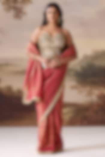 Fuchsia Tissue Mirror Embroidered Stitched Wedding Saree Set by Deepika Chadha at Pernia's Pop Up Shop