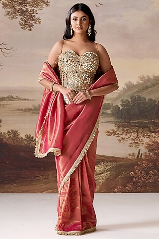 Fuchsia Tissue Mirror Embroidered Stitched Saree Set by Deepika Chadha