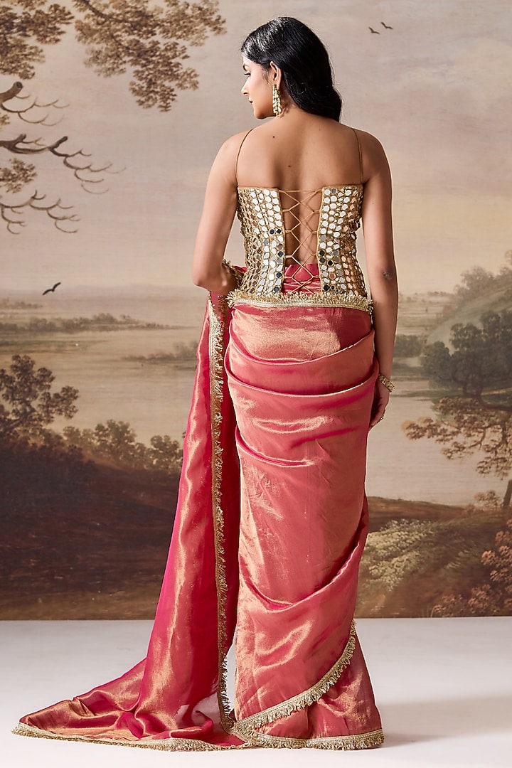 Fuchsia Tissue Mirror Embroidered Stitched Wedding Saree Set by Deepika Chadha at Pernia's Pop Up Shop