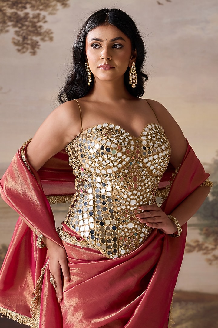 Fuchsia Tissue Mirror Embroidered Stitched Wedding Saree Set by Deepika Chadha at Pernia's Pop Up Shop