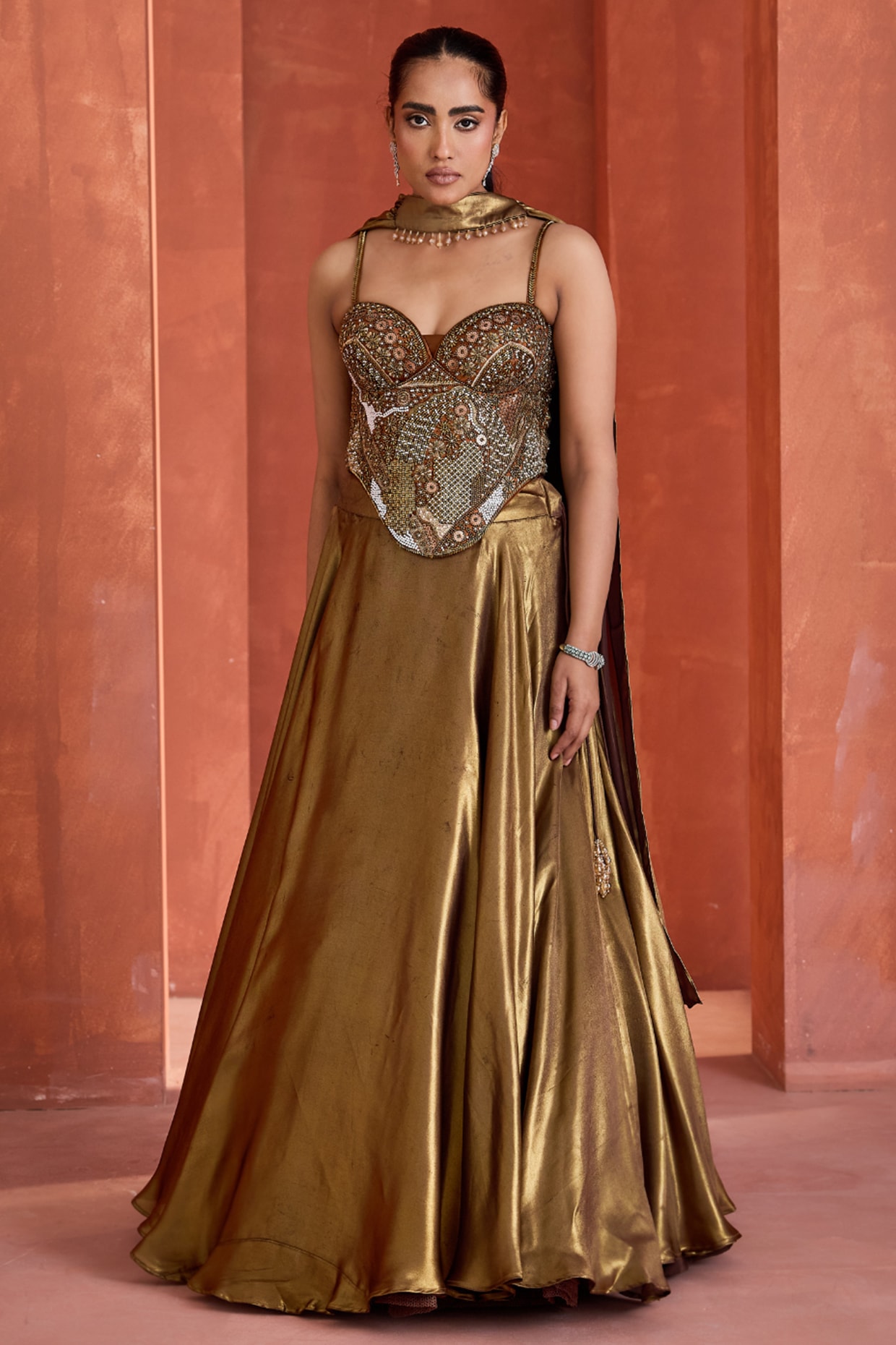 Deepika Chadha Antique Gold Satin Foil Printed Lehenga Set