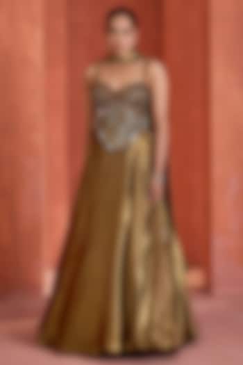 Antique Gold Satin Foil Printed Wedding Lehenga Set by Deepika Chadha at Pernia's Pop Up Shop